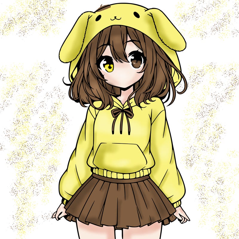 pretty anime girl wearing a fluffy hoodie with bunny ears on the hood and a skirt