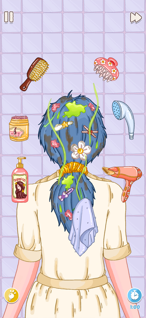 Perfect Clean: Tidy ASMR - Un personaje con cabello azul desordenado y herramientas de limpieza en un minijuego de cuidado del cabello de Perfect Clean Tidy ASMR.