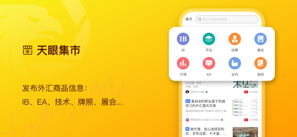 外汇天眼中文版 - Interface of WikiFX Chinese Edition app highlighting the market section with various forex service categories