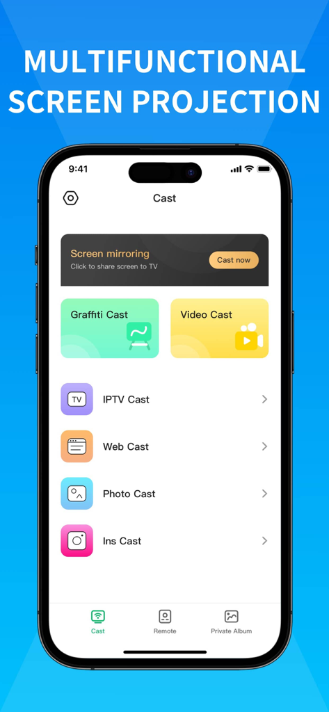 Miracast Screen Mirroring . - Interfaz de usuario de la aplicación Miracast Screen Mirroring que muestra varias funciones de proyección como transmisión de video, transmisión de fotos y transmisión web