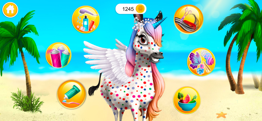 A zebra with a unicorn horn and colorful dots on a tropical beach with various beauty salon icons.