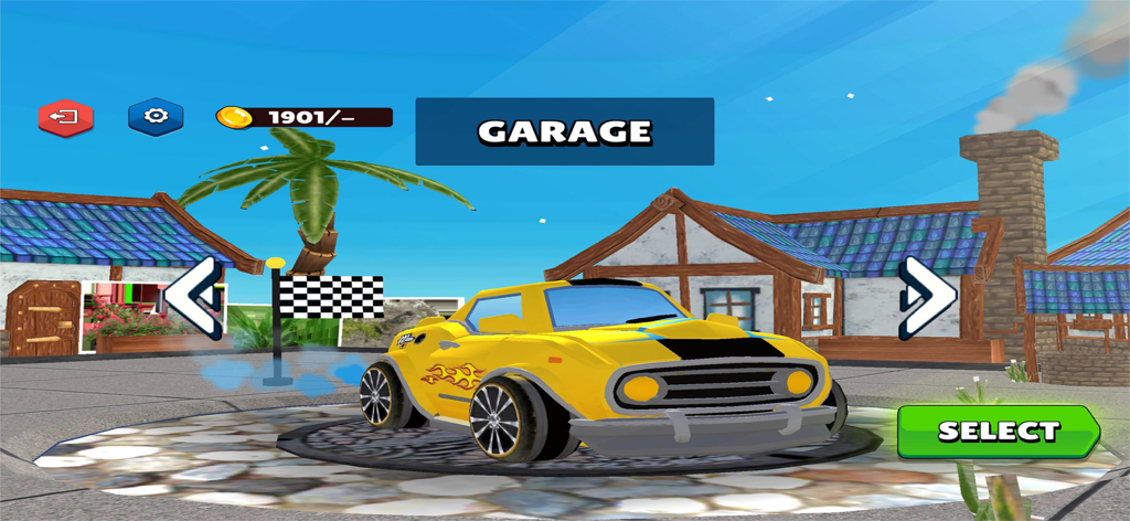 Un coche de carreras amarillo con calcomanías de llamas en la pantalla de selección de garaje de Mini Car Racing Game