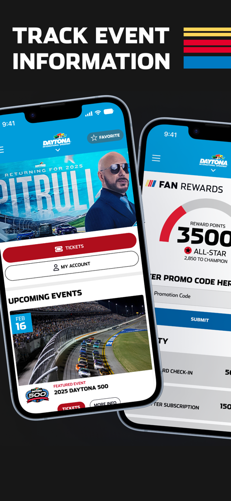 NASCAR Tracks - NASCAR Tracks app screens showing Daytona 500 event information and fan reward points status