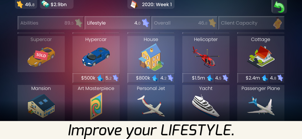 Superstar Football Agent - Football agent lifestyle menu with luxury cars and houses for purchase