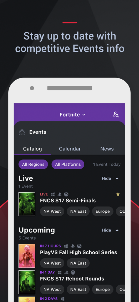トラッカーネットワーク統計アプリが、ライブおよび今後のトーナメントを含む、競技Fortniteイベントを表示しているスクリーンショット