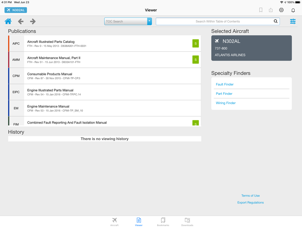 Interfaccia dell'app Boeing Toolbox Mobile Library che mostra pubblicazioni e manuali di manutenzione aeromobili.