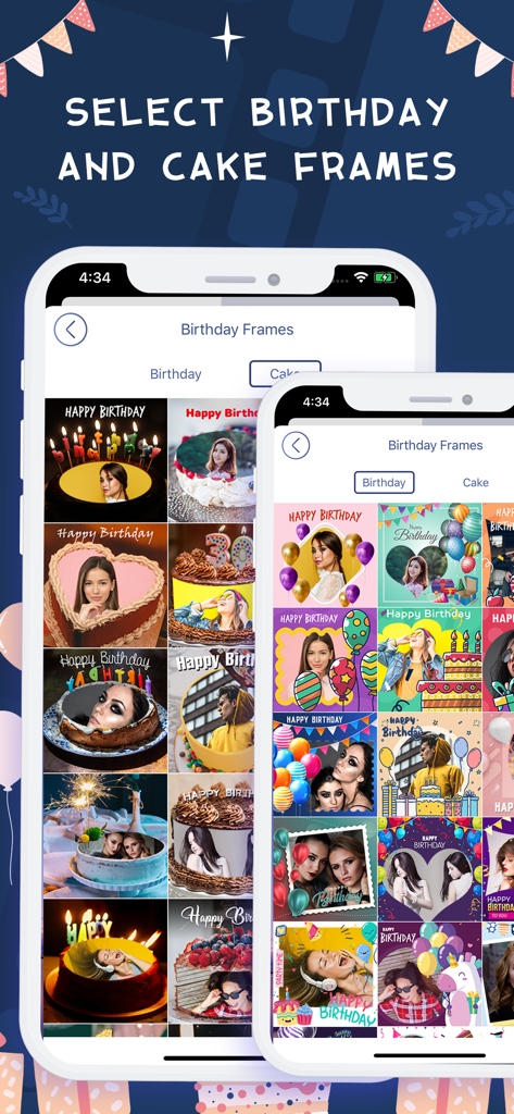 A gallery of birthday and cake themed photo frames within the Birthday Video Maker app.