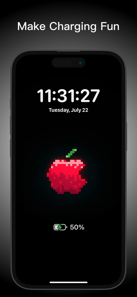 Charging Animation Lite - Uma tela de iPhone exibindo uma animação de carregamento pixelizada de uma maçã vermelha com o título Make Charging Fun.