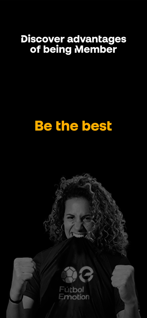 Fútbol Emotion - Female soccer player celebrating with text about membership advantages in the Futbol Emotion app