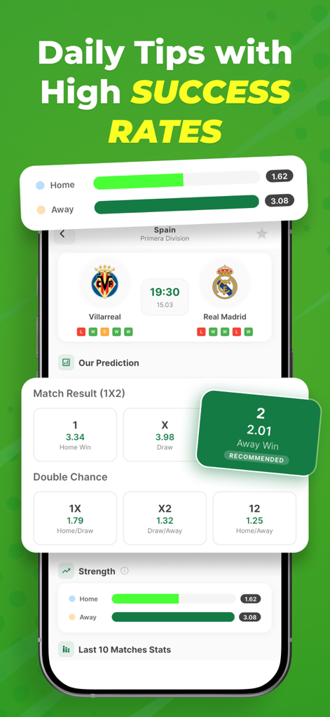BetGPT - Betting App - Mobile app interface of BetGPT showing AI-powered soccer match predictions and betting odds