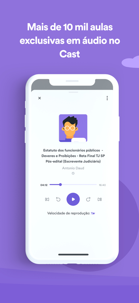Estratégia Concursos - Audio player interface in the Estratégia Concursos app featuring exclusive audio lessons for Brazilian public exams.