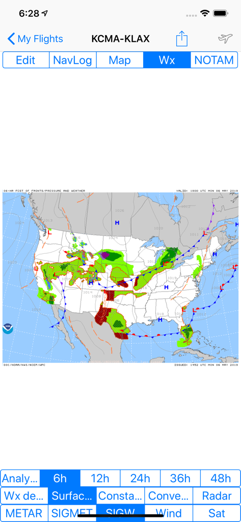 Airmate - Airmate app display showing a significant weather forecast map with fronts and pressure systems across the United States