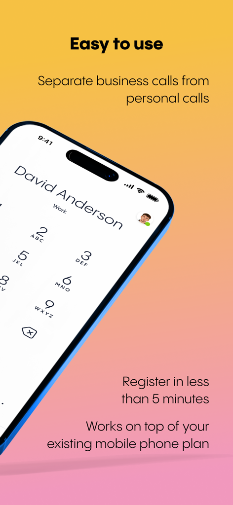 Rinkel - Rinkel app screen displaying a business dial pad and text explaining how to separate business and personal calls