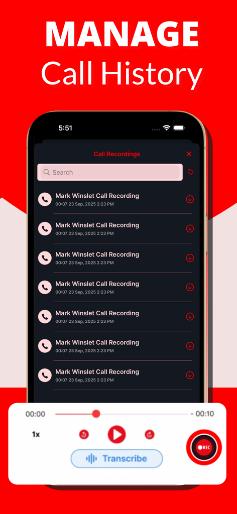 Una interfaz móvil para gestionar el historial de llamadas y las transcripciones en la aplicación iCall Recorder.