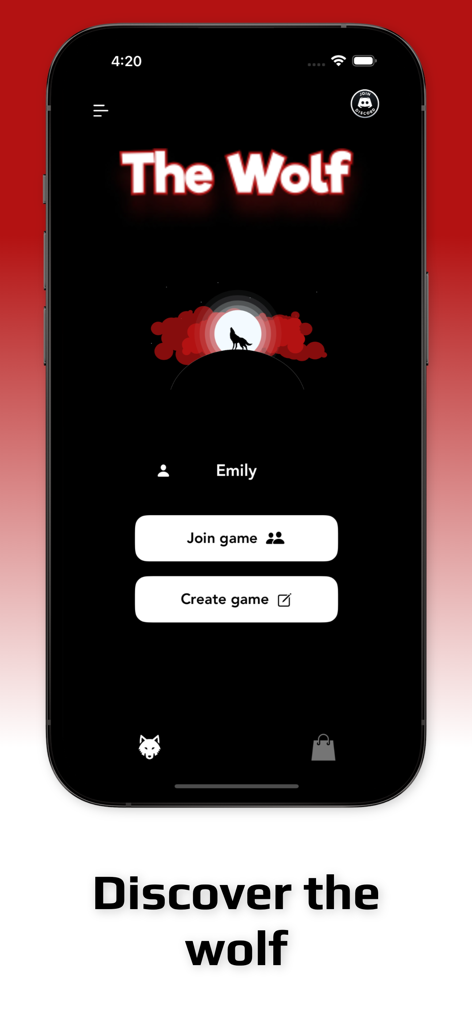The Wolf: Party Game - Main interface of The Wolf Party Game showing join and create game options with a howling wolf graphic.