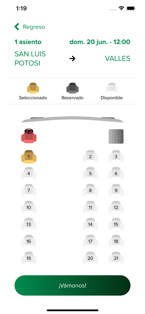 Grupo Vencedor - Seat selection screen for a bus trip from San Luis Potosi to Valles in the Grupo Vencedor app