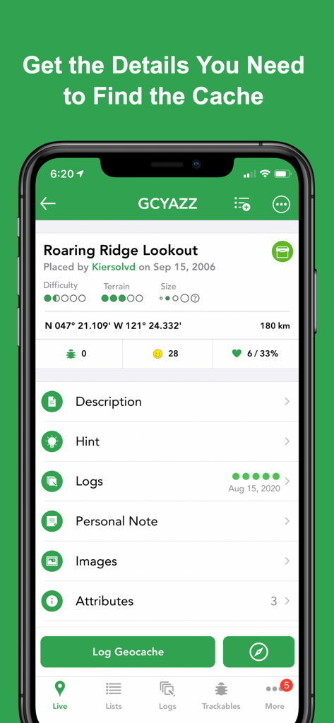 Cachly - Geocaching - Detailed geocache information screen in the Cachly app showing difficulty terrain size and coordinates