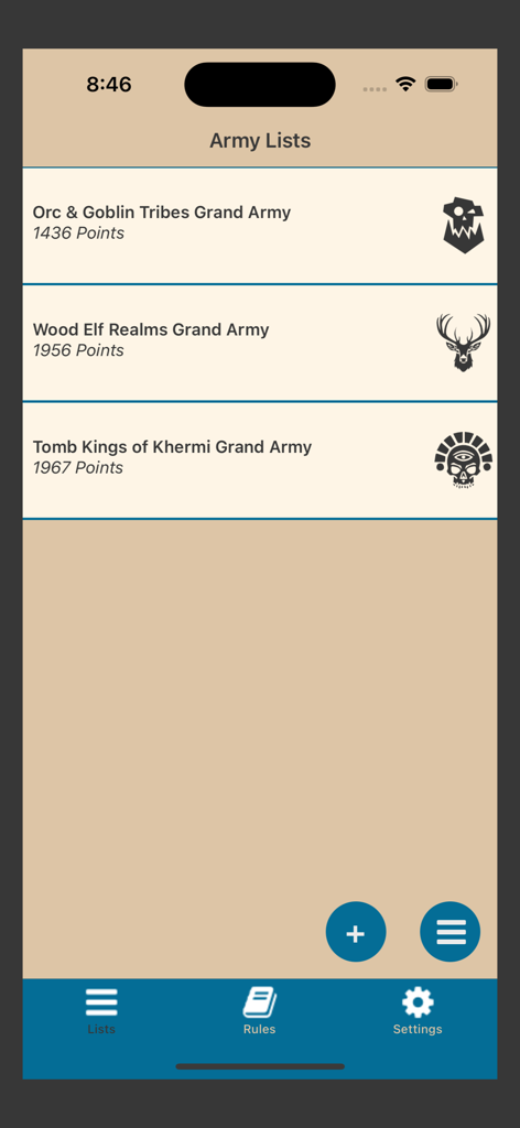 Interface displaying various saved army lists with their total point values and faction icons