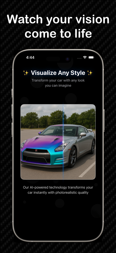 Un écran partagé montrant une voiture avant et après une personnalisation de covering iridescent générée par IA dans l'application AutoLab.