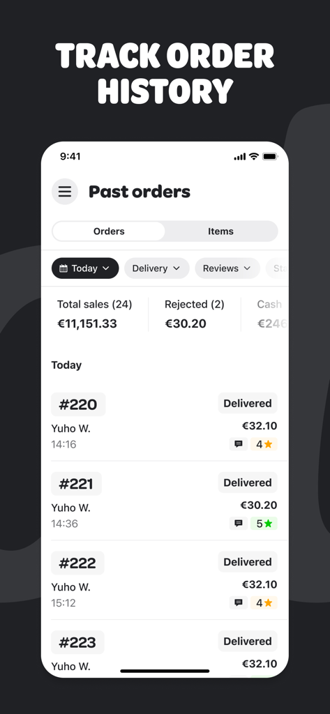 Merchant lite - Merchant Lite app showing order history and sales performance