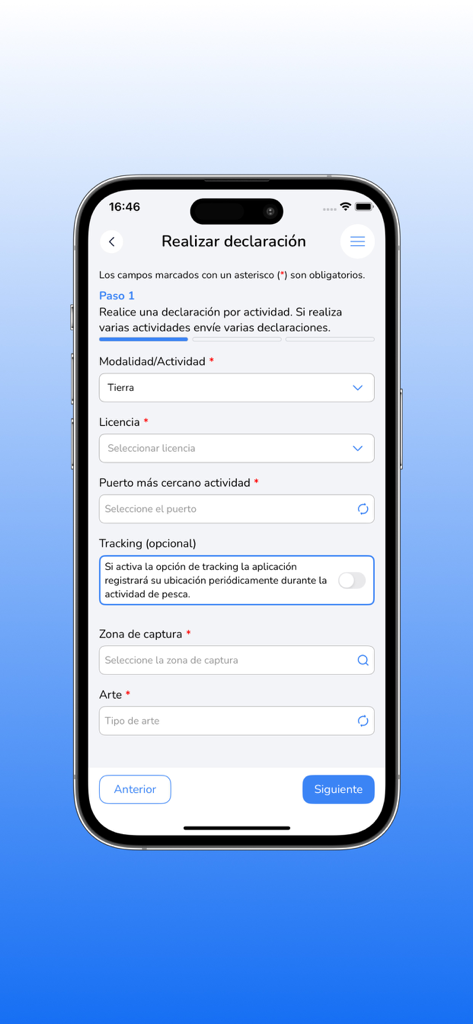 PescaREC - A mobile interface from the PescaREC app showing the first step of a fishing catch declaration form.