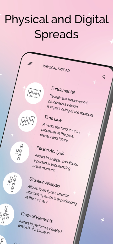 Tarot Line - Interface do aplicativo Tarot Line mostrando um menu de tiragens de tarot físicas, incluindo opções Fundamentais e Linha do Tempo