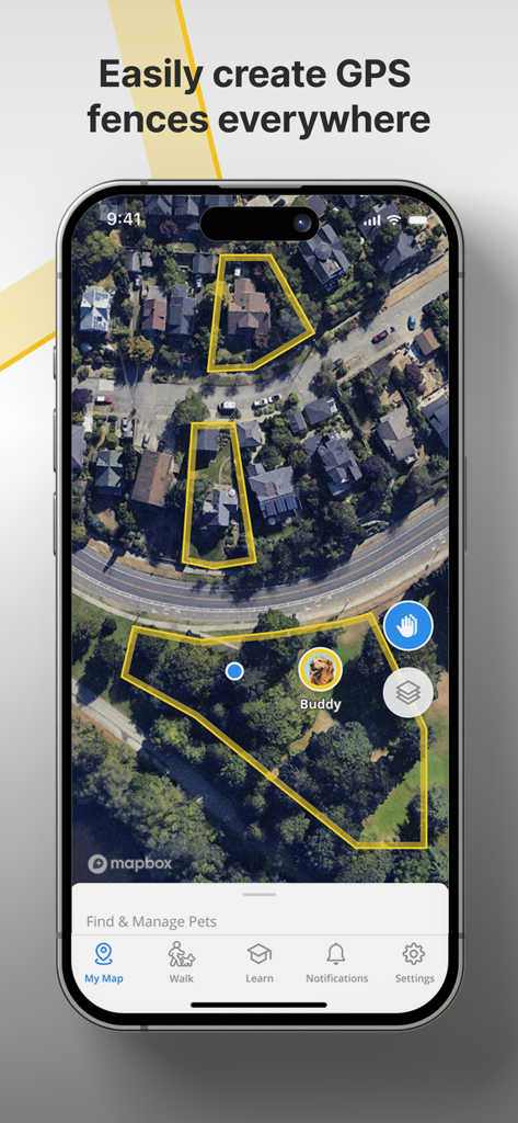 Halo Collar - Interfaccia dell'app Halo Collar che mostra recinti GPS virtuali per cani in una vista mappa satellitare