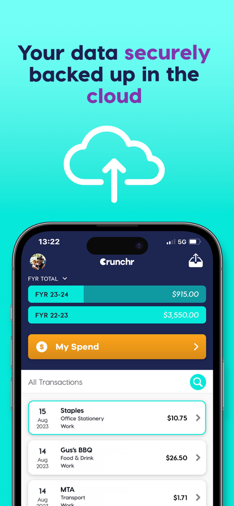 Crunchr – Receipt Saver App - Crunchr app dashboard showing expense transactions and cloud backup feature.