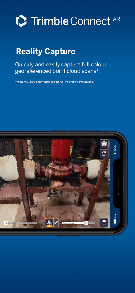 Trimble Connect AR App-Oberfläche, die die Reality-Capture-Funktion mit einem 3D-Punktwolken-Scan von Industrieanlagen zeigt