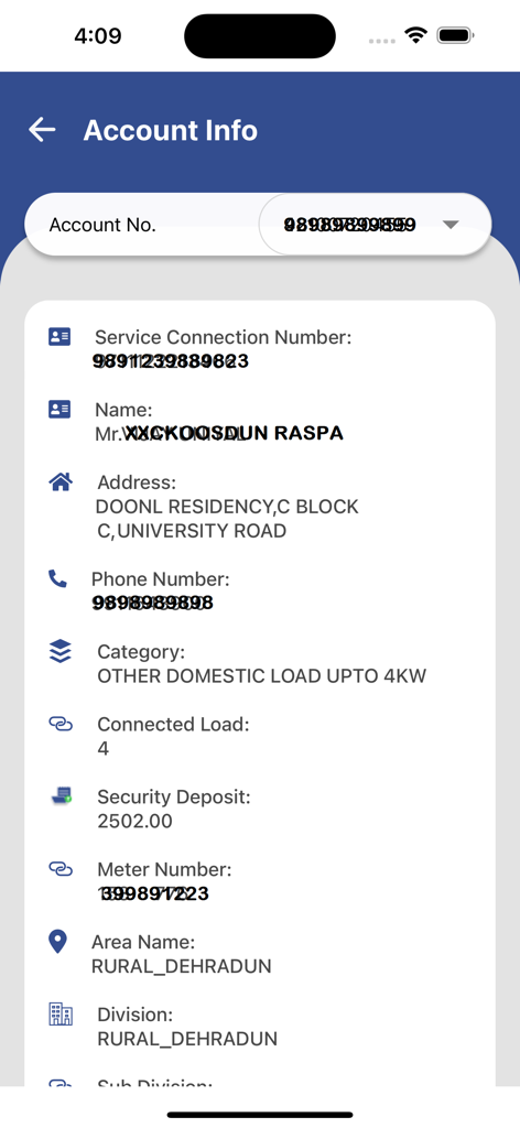 Account information screen showing service connection details and customer info