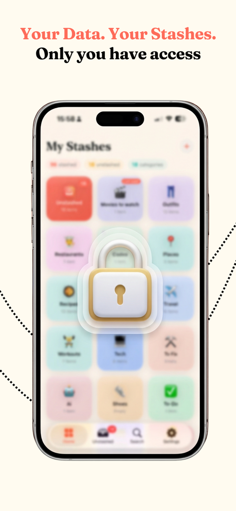 Stash Anything: Save & Sort - Smartphone display showing the Stash Anything app with a large lock icon to represent secure and private data access.