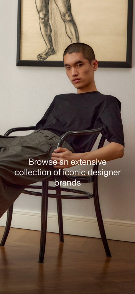 A man in high end fashion sitting on a chair with text about browsing designer brands