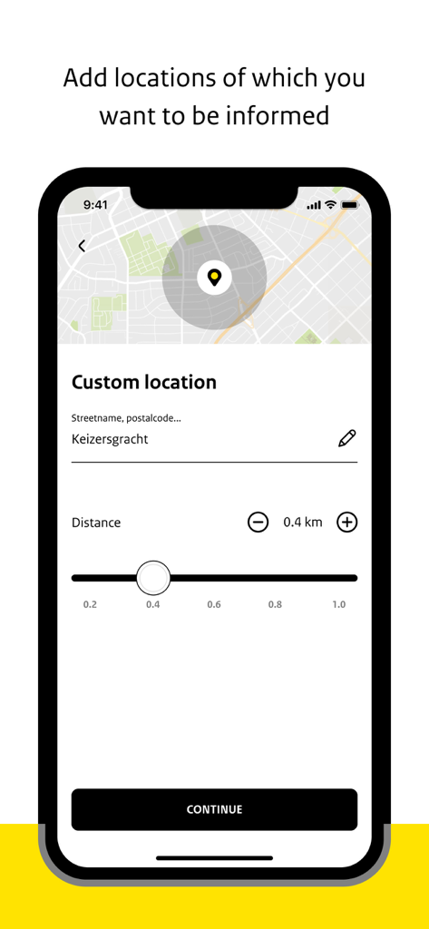 Die NL-Alert App-Oberfläche zum Hinzufügen eines benutzerdefinierten Standorts und zum Festlegen eines Warnradius auf einer Karte.