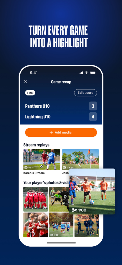 TeamSnap ONE app game recap screen showing sports scores and player video highlights