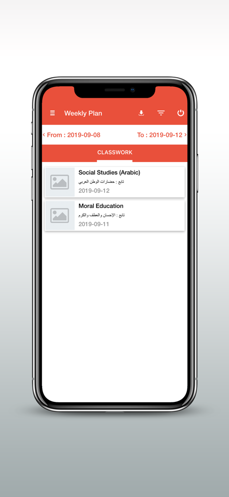 Weekly plan screen in the Orison School app showing classwork for Social Studies and Moral Education