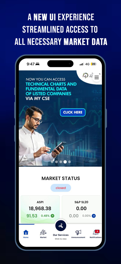 CSE Mobile App - Colombo Stock Exchange mobile app interface showing market indices and status