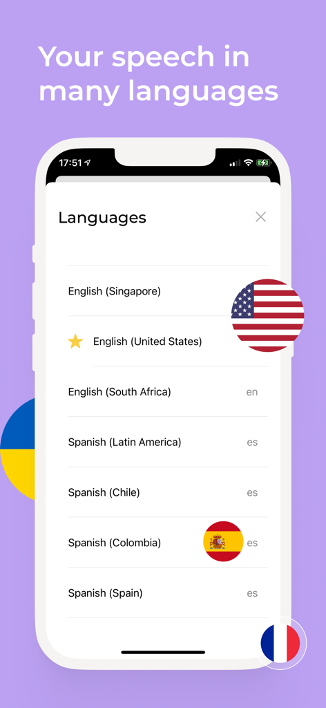 Live Transcribe Speech to text - Mobile app interface showing a list of supported languages for speech-to-text transcription including various English and Spanish dialects.
