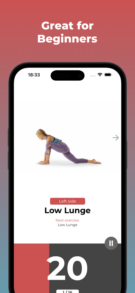 30 Day Splits Challenge - Low lunge stretching exercise on the 30 Day Splits Challenge app interface.