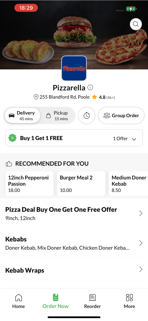 Pizzarella. - Pizzarella mobile app home screen showing pizza and burger menu items with buy one get one free offer