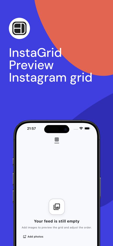 InstaGrid - Preview de Grid - InstaGrid app interface on an iPhone showing the empty feed preview screen with a button to add photos.
