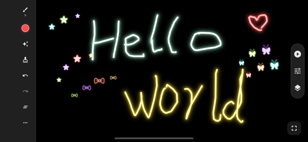 Glow Board: Light Your Art. - Neon handwriting of Hello World with glowing stars and butterflies on a black background