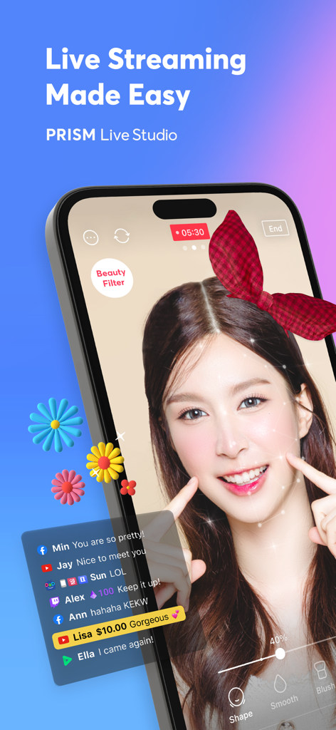 PRISM: Live Streaming App - A creator using PRISM Live Studio app beauty filters and interactive chat overlay on a smartphone