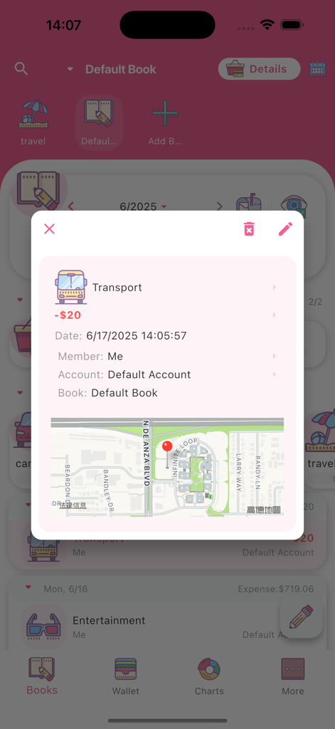 A detailed transaction view for a transport expense showing a twenty dollar charge with an integrated location map.