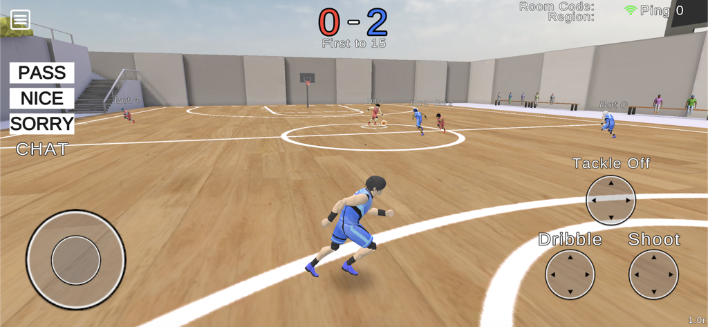 Unmatched Basketball - Third person view of a 3v3 basketball match in Unmatched Basketball showing mobile touch controls and an urban court environment.