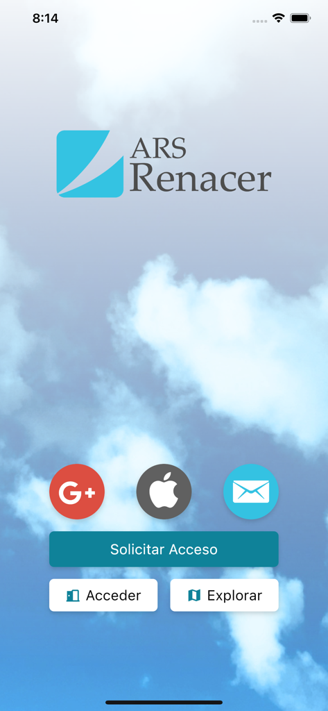 ARS Renacer - Pantalla de inicio de la aplicación ARS Renacer con opciones de inicio de sesión social para Google y Apple contra un fondo de cielo nublado