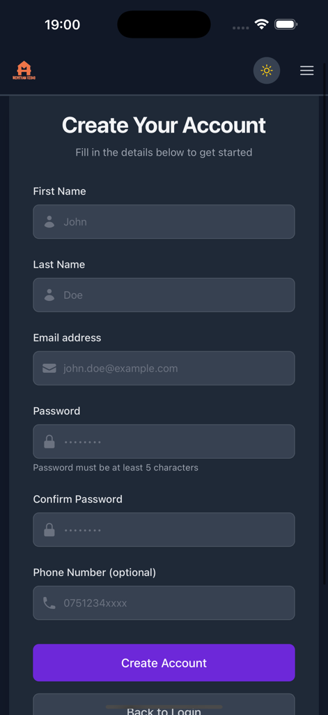 Merstham Kebab House - Account registration screen for the Merstham Kebab House mobile app