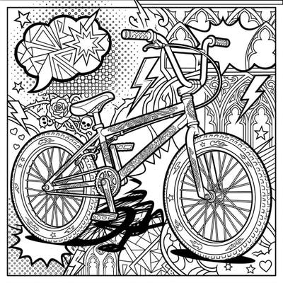 Ignite your creativity with this dynamic coloring page featuring a robust BMX bike, masterfully blending the bold graphics of Pop Art with the mysterious elegance of Gothic designs. Dive into a world where street style meets intricate artistry, offering a thrilling coloring adventure for all skill levels.