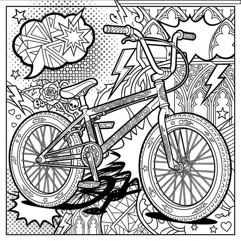 Ignite your creativity with this dynamic coloring page featuring a robust BMX bike, masterfully blending the bold graphics of Pop Art with the mysterious elegance of Gothic designs. Dive into a world where street style meets intricate artistry, offering a thrilling coloring adventure for all skill levels.