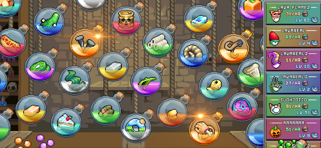 IdleOn RPG Alchemie-Bildschirm mit verschiedenen Pixel-Art-Flaschen und Charakterstufen