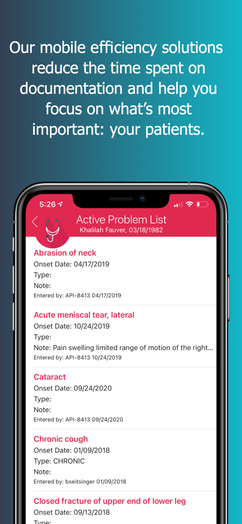 Um smartphone mostrando o aplicativo iScribeHealth exibindo uma lista de problemas médicos ativos de um paciente, incluindo tosse crônica e catarata.